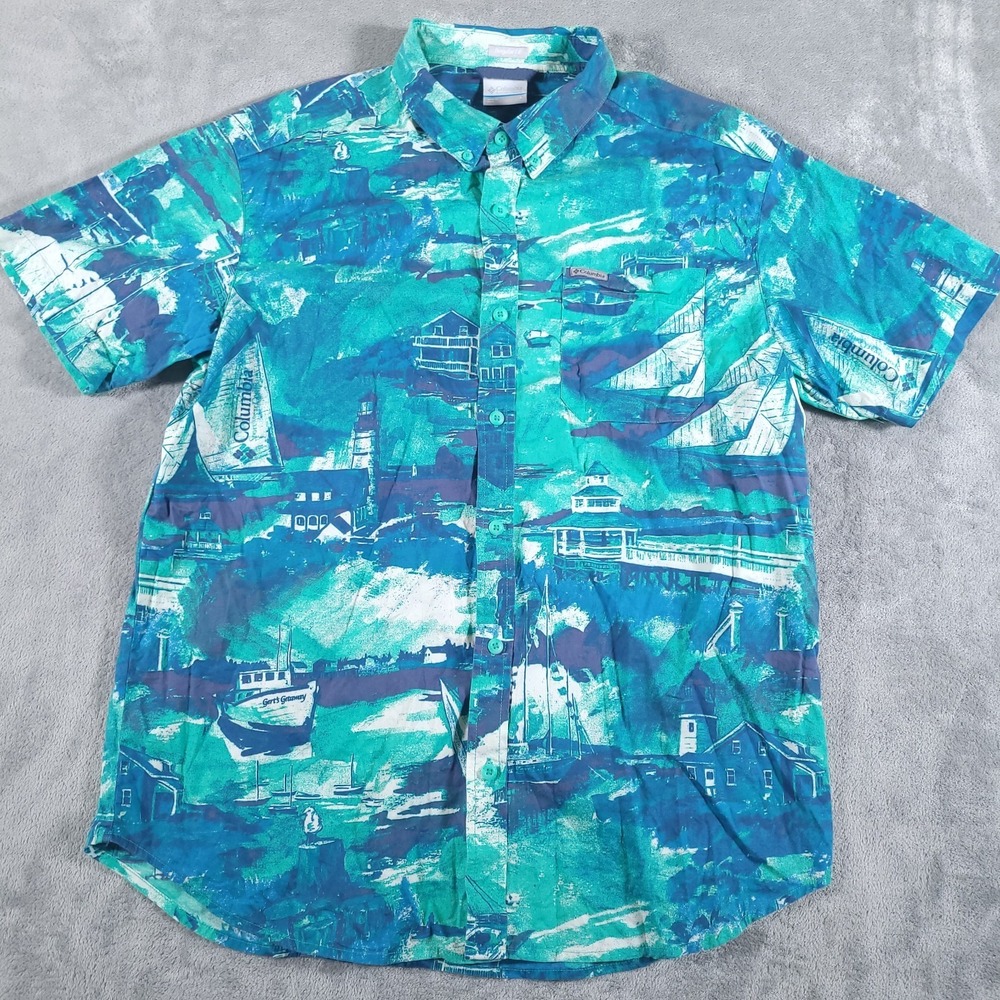 Columbia Shirt Mens Large Rapid Rivers Blue Green Sailboat‎ Lighthouse Print - Picture 2 of 8